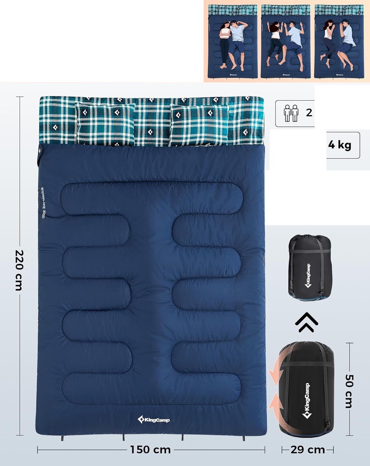 KingCamp Śpiwór Dwuosobowy Extra Duży 220 x 150 cm z Flanelą i 2 Poduszkami