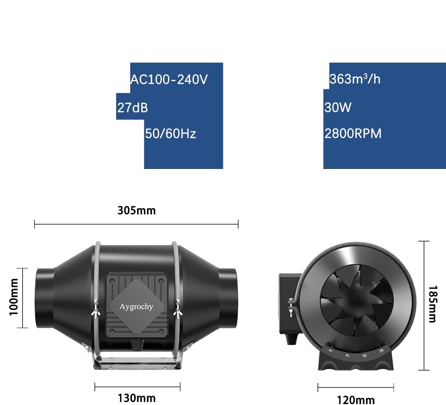 Aygrochy Regelowany wentylator kanałowy 100 mm, 363 m³/h z silnikiem EC