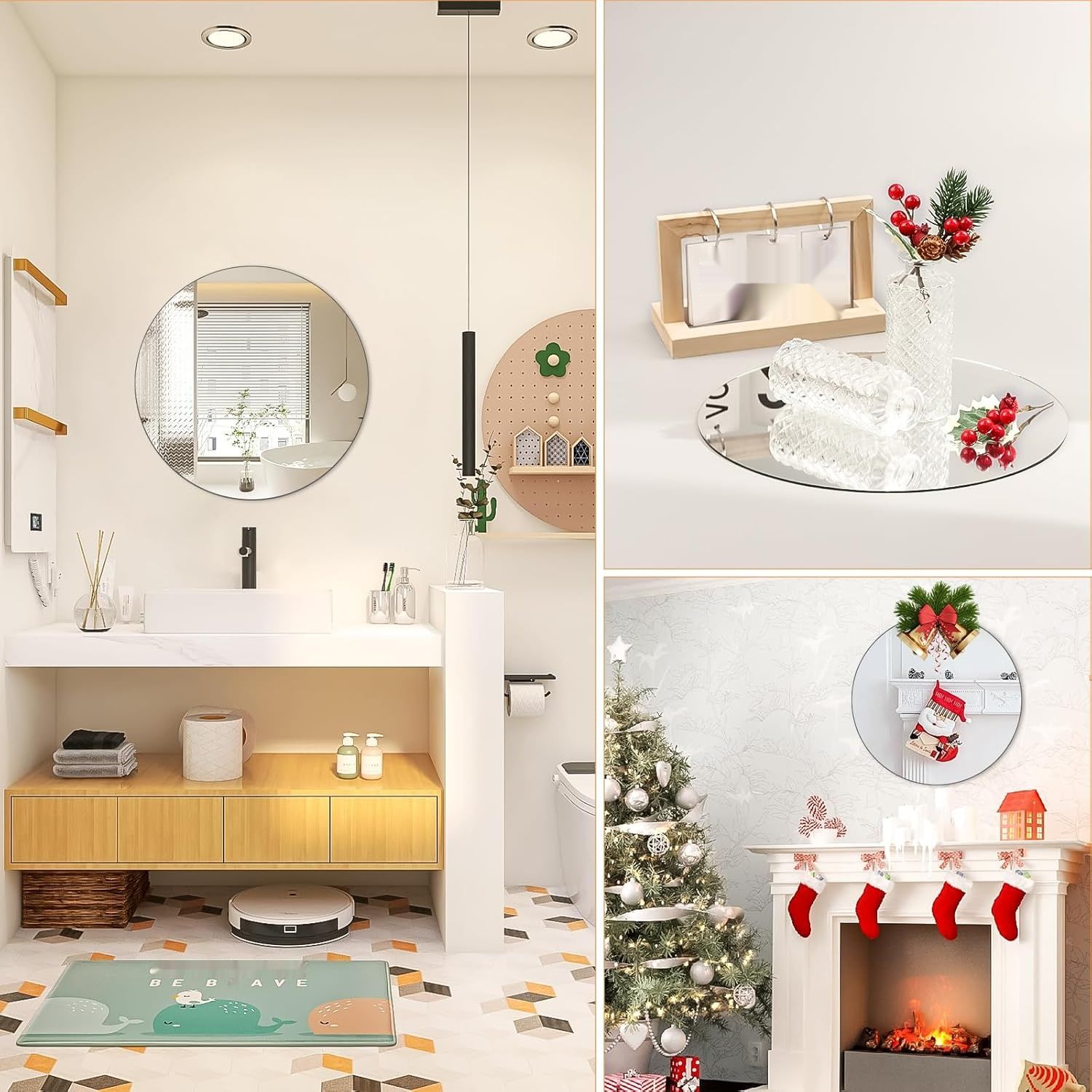 Lustro ścienne 30 cm Samoprzylepne okrągłe lustro szklane Dekoracyjne