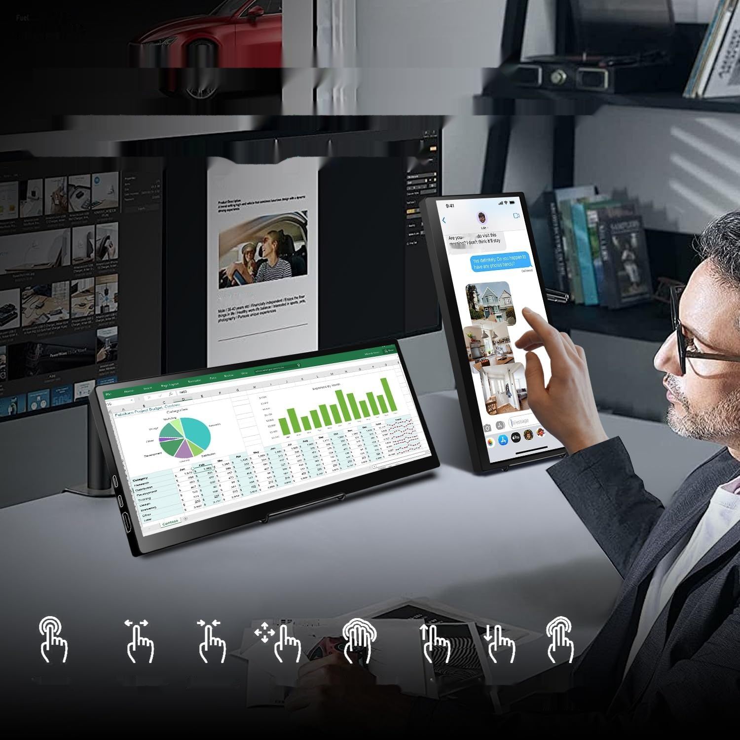 Przenośny monitor dotykowy 12,3", 1920 x 720 IPS, mini ekran dotykowy,