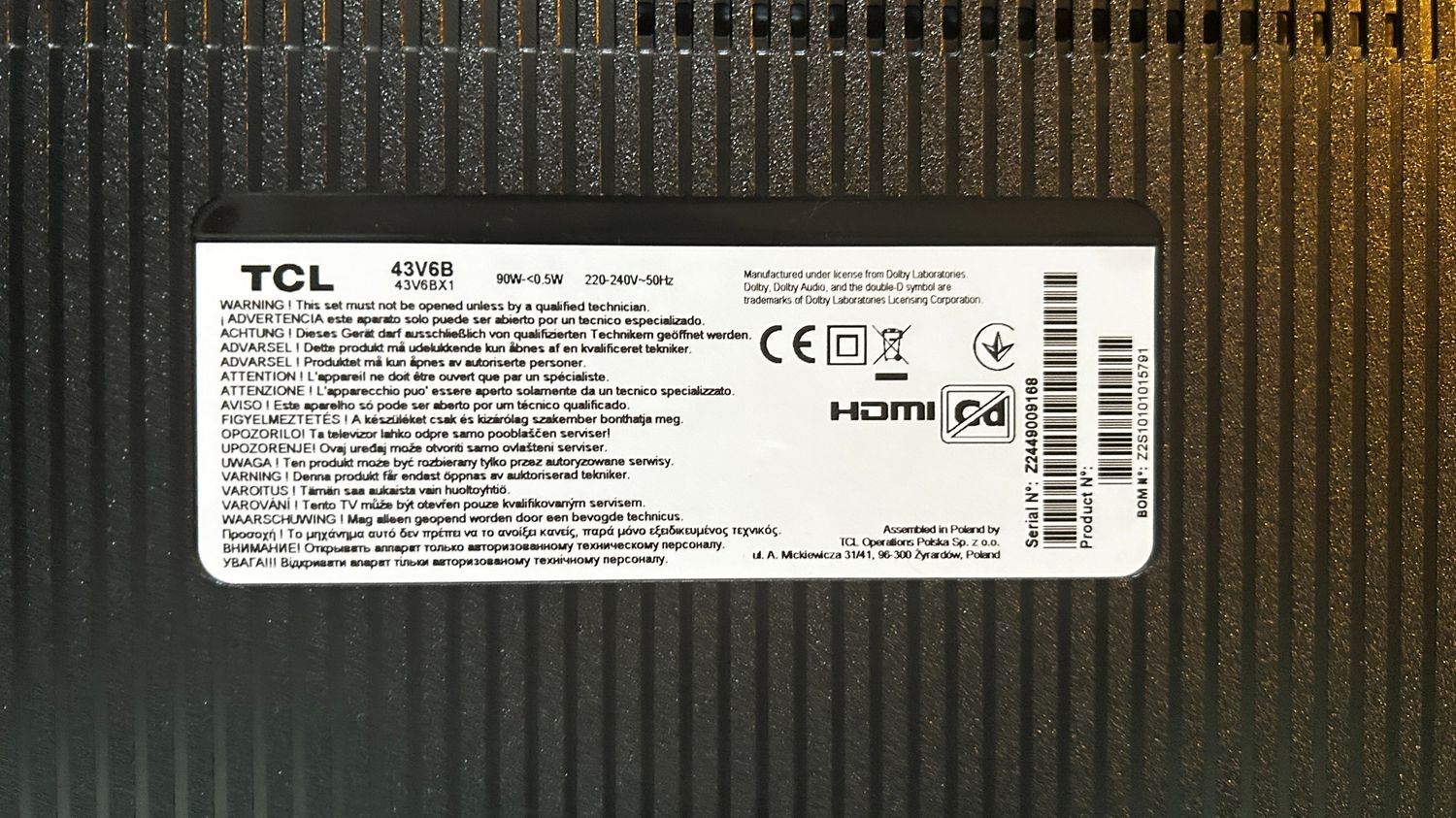 TCL 43V6B 43" 4K Ultra HD HDR Google TV – uszkodzony, nie włącza się