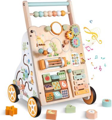 Montessori drewniany wózek do nauki chodzenia z kółkami – zabawka do 1