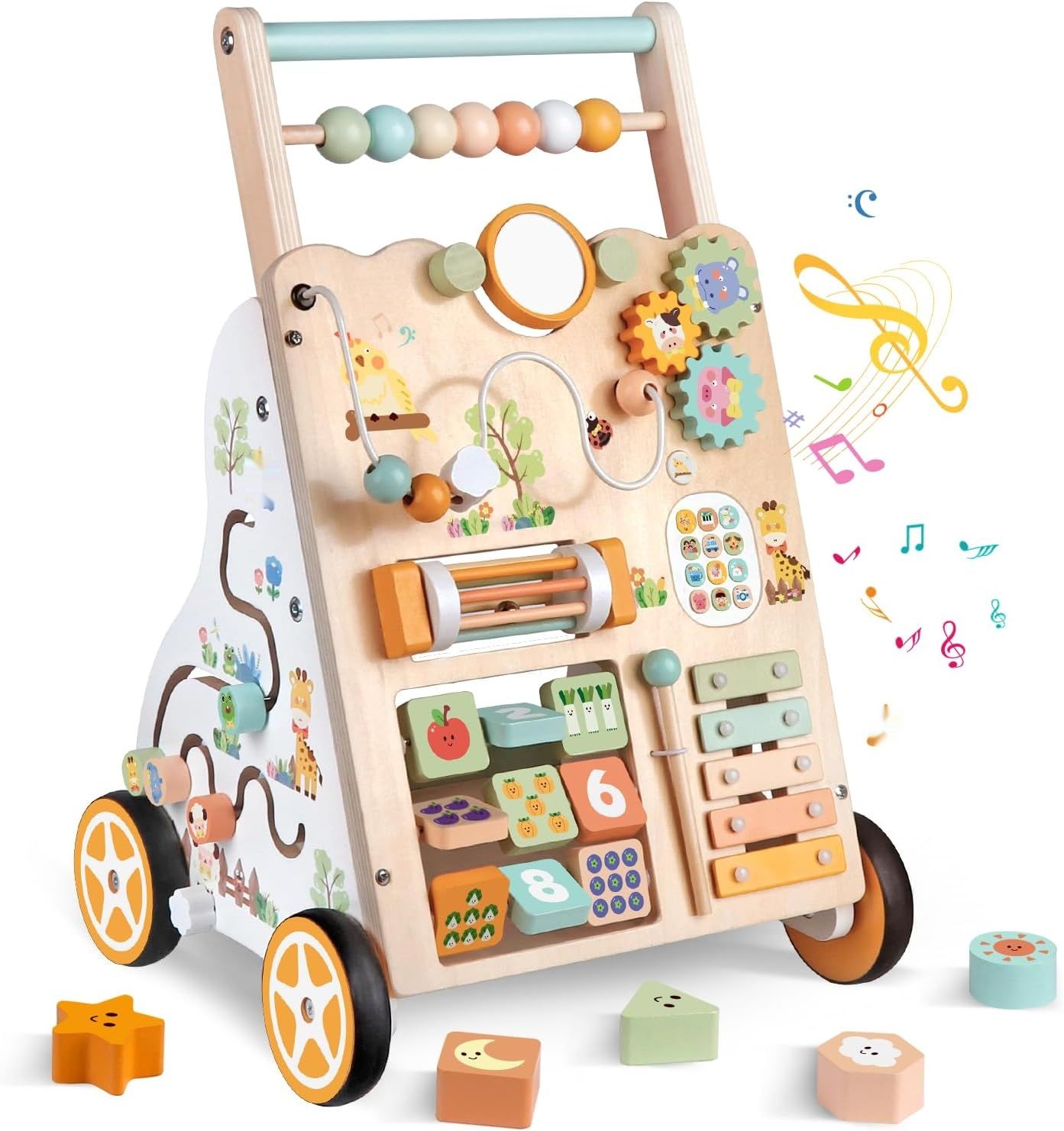 Montessori drewniany wózek do nauki chodzenia z kółkami – zabawka do 1