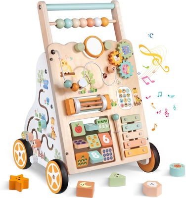 Montessori drewniany wózek do nauki chodzenia z kółkami – zabawka do 1