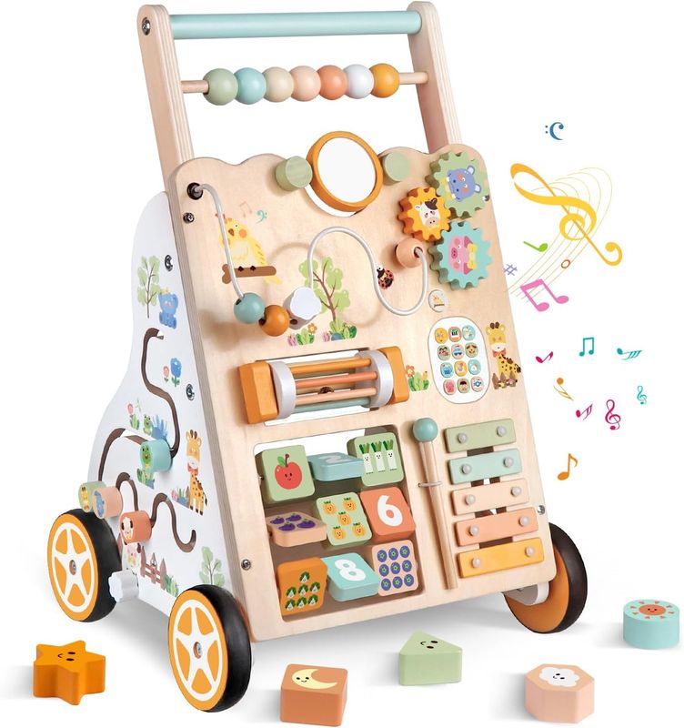 Montessori drewniany wózek do nauki chodzenia z kółkami – zabawka do 1