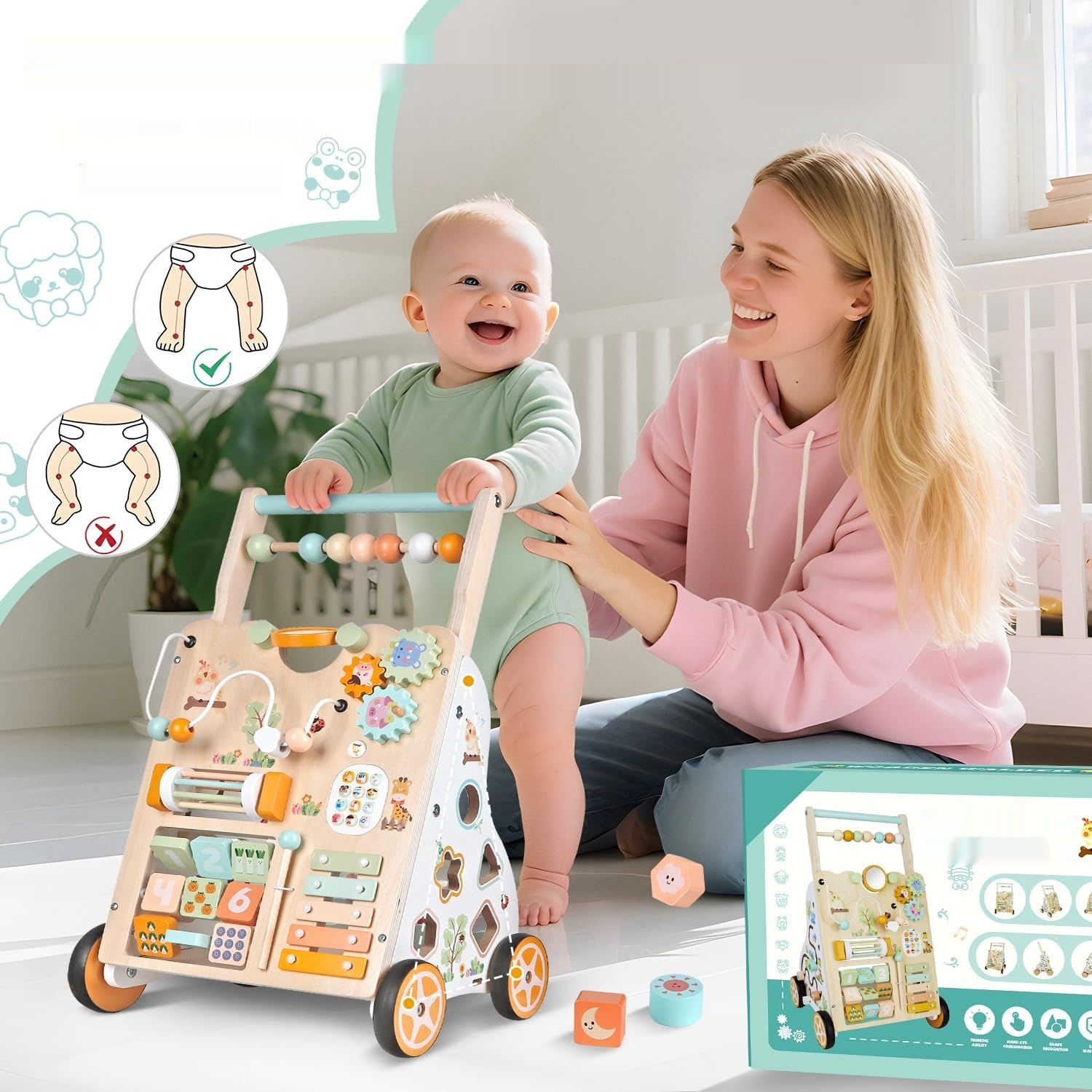 Montessori drewniany wózek do nauki chodzenia z kółkami – zabawka do 1