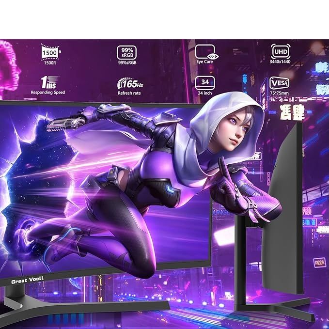 Great voell Q340B45 – 34-calowy zakrzywiony monitor gamingowy UWQHD 165 Hz
