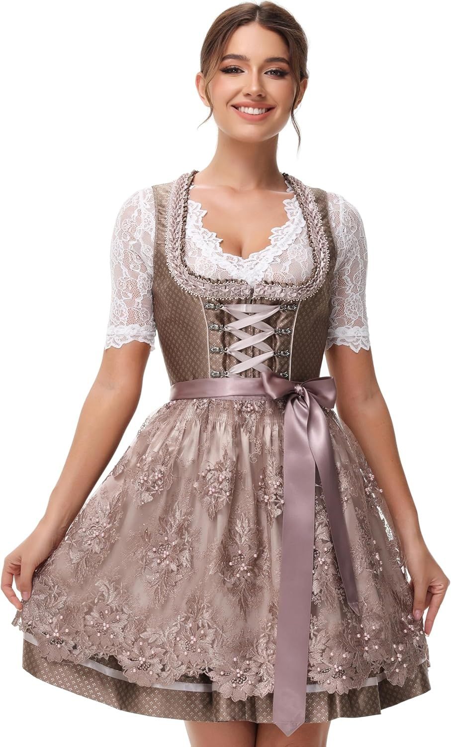 ELFIN elegancka sukienka ludowa na Oktoberfest z koronkowym fartuchem, 50 cm