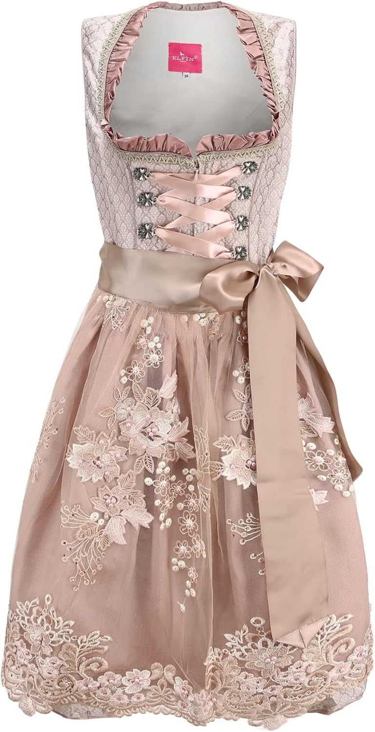 ELFIN Eleganckie damskie midi dirndl z koronkowym fartuchem – Oktoberfest
