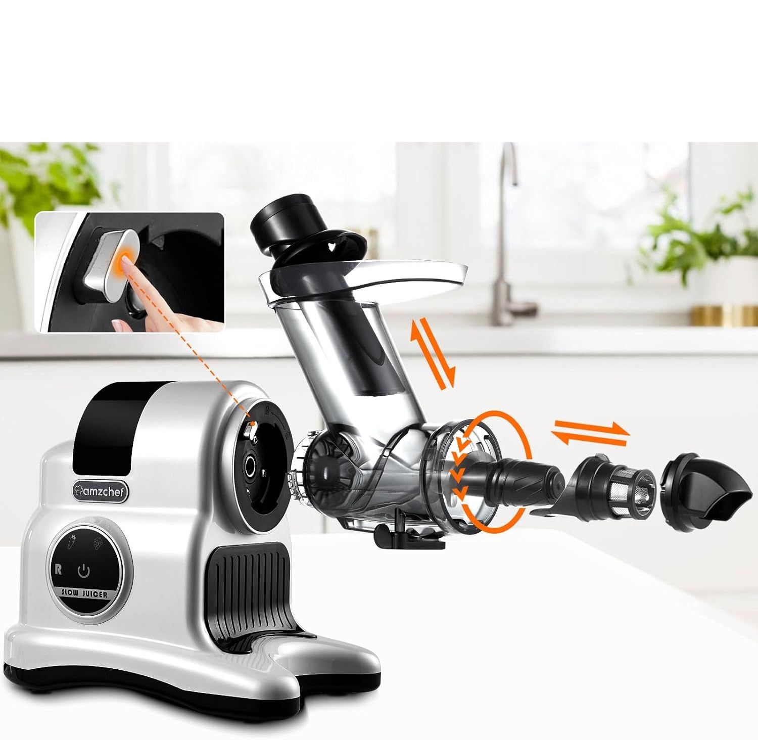 AMZCHEF ZM1517 – Wolnoobrotowa wyciskarka do soków 80 mm, 150 W, srebrna