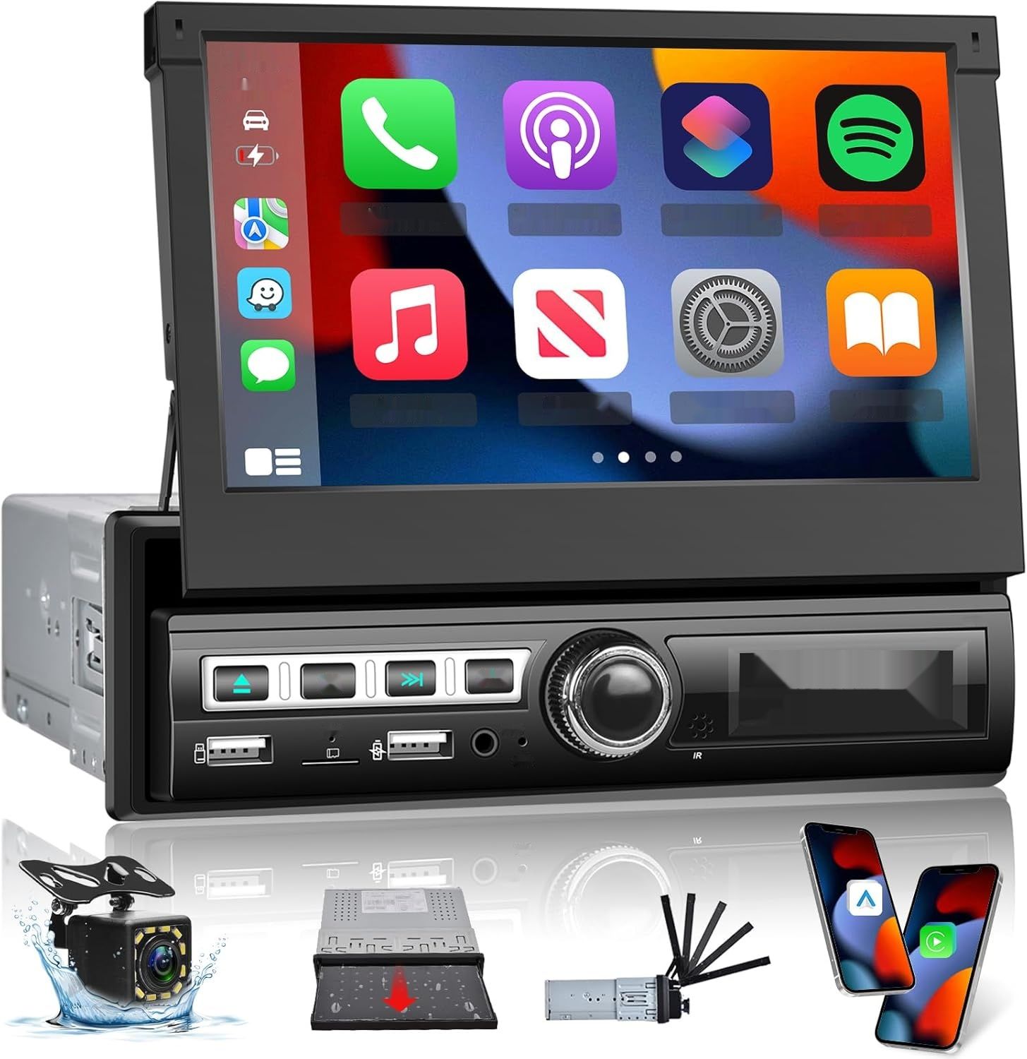 Radio samochodowe 1 DIN Techschermo A3110A3 z wysuwaną 7" ekranem dotykowym, CarPlay i Android Auto