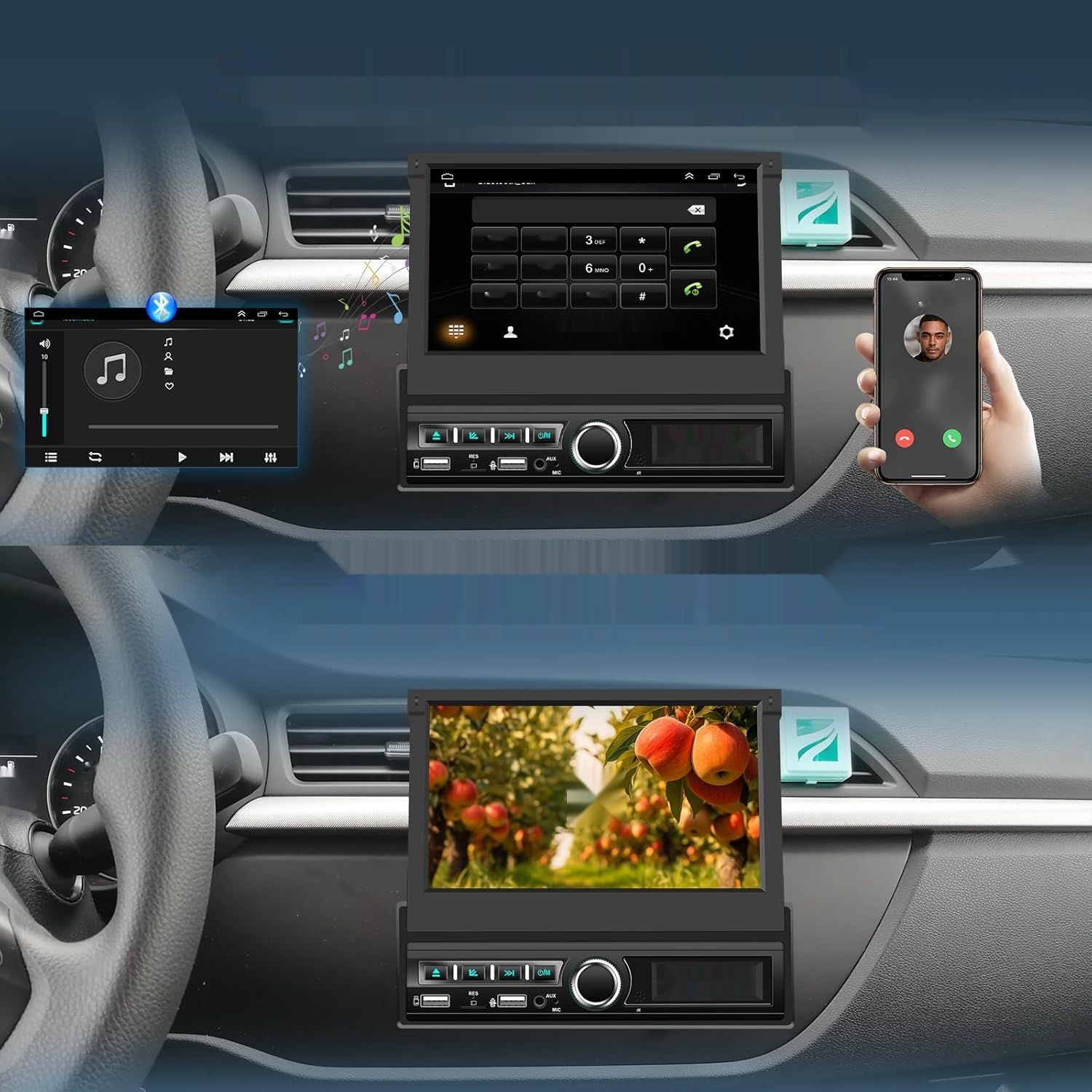 Radio samochodowe 1 DIN Techschermo A3110A3 z wysuwaną 7" ekranem dotykowym, CarPlay i Android Auto