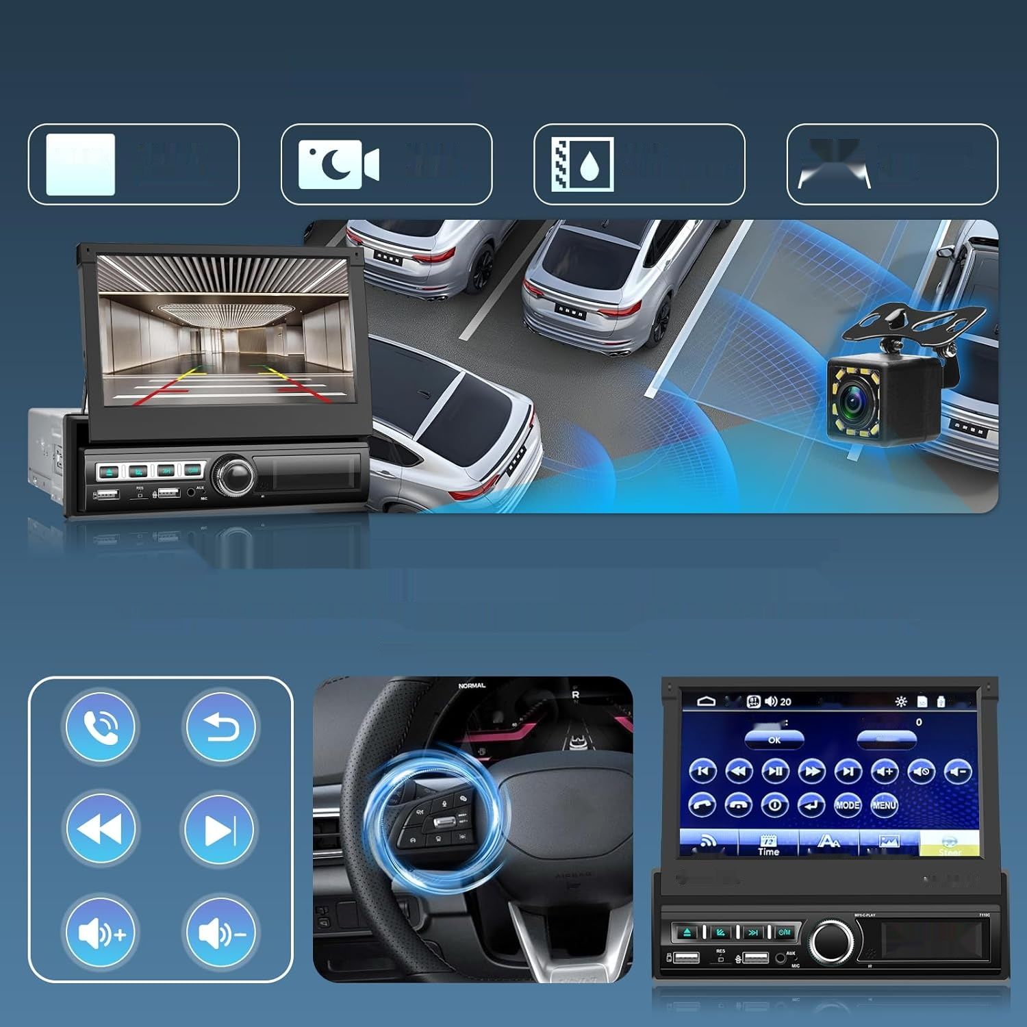 Radio samochodowe 1 DIN Techschermo A3110A3 z wysuwaną 7" ekranem dotykowym, CarPlay i Android Auto