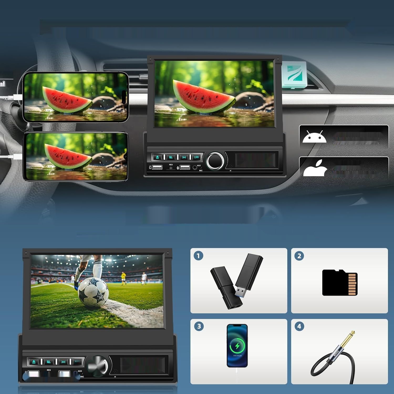 Radio samochodowe 1 DIN Techschermo A3110A3 z wysuwaną 7" ekranem dotykowym, CarPlay i Android Auto