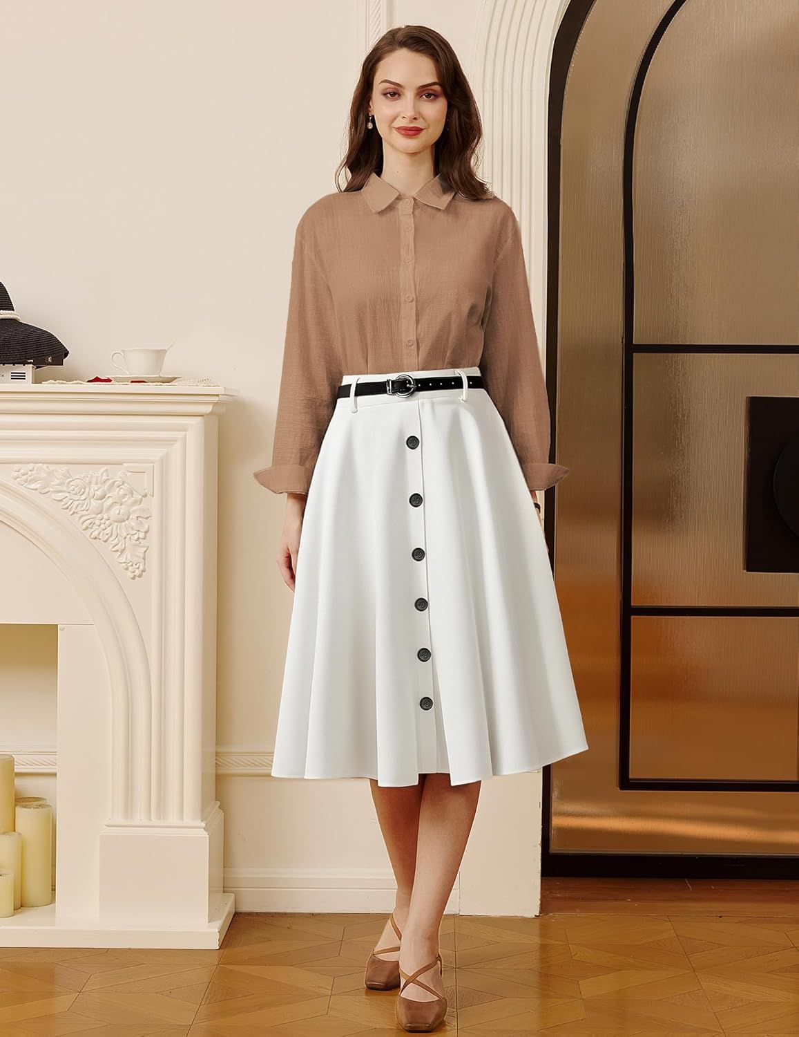 Belle Poque damska spódnica vintage midi – wysoki stan, linia A, pasek