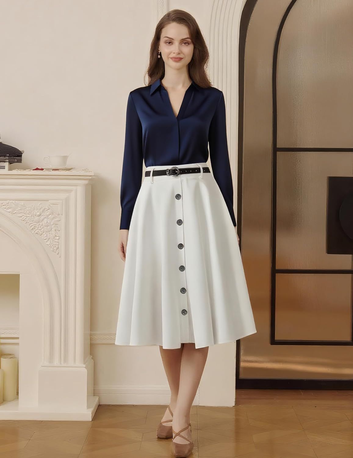 Belle Poque damska spódnica vintage midi – wysoki stan, linia A, pasek