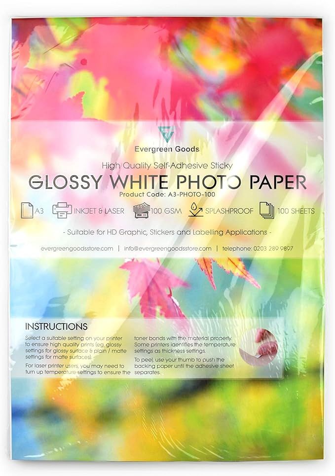 Evergreen Goods EVG – 100 arkuszy samoprzylepnego papieru fotograficznego A3, biały, błyszczący