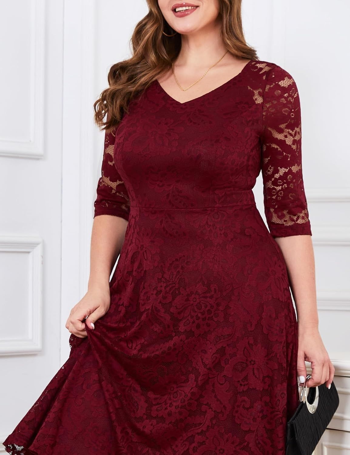 Dressystar elegancka sukienka koronkowa midi z dekoltem V