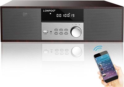 Mikrowieża stereo Hi-Fi LONPOO LP-816 40 W z CD, Bluetooth, FM, USB i obudową drewnianą