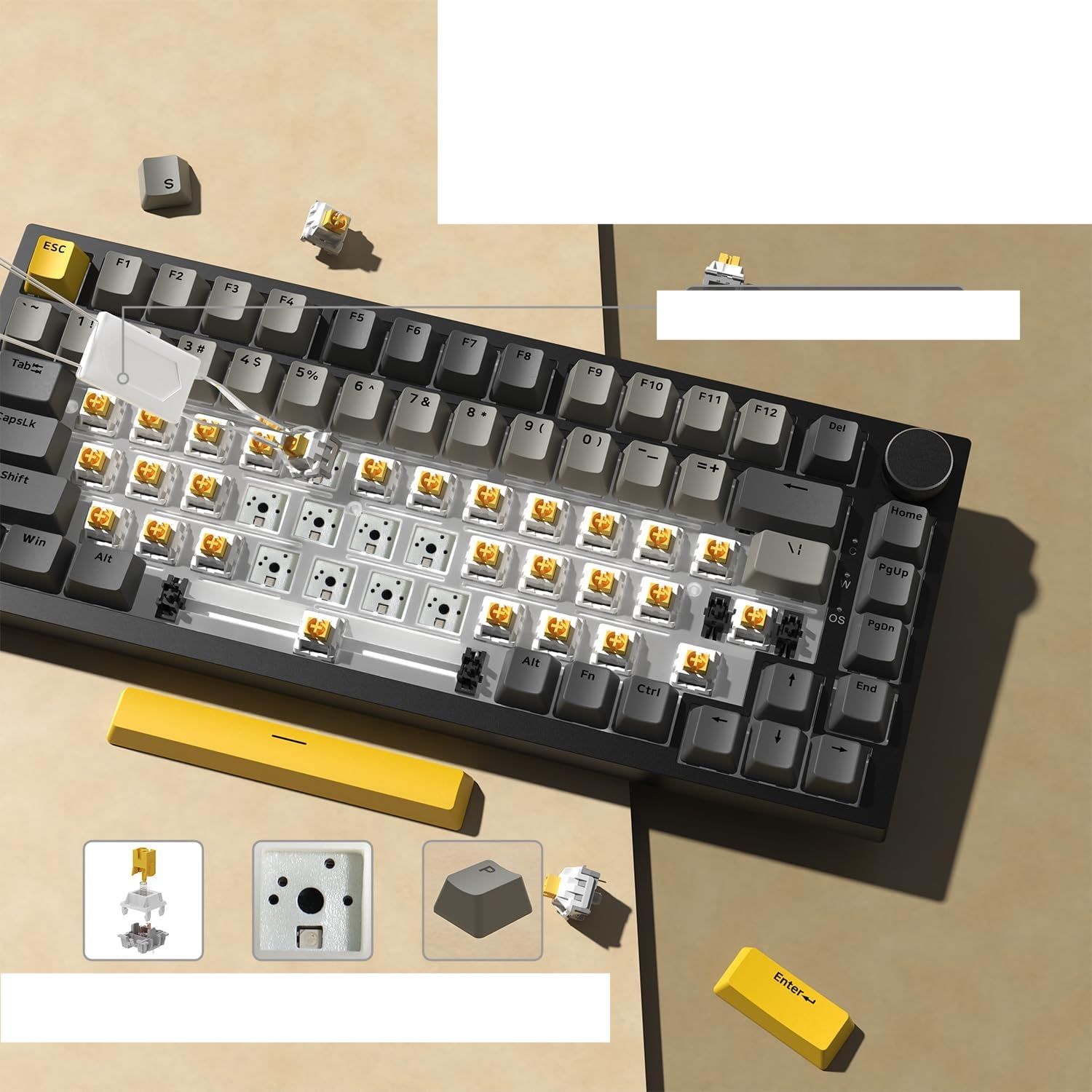 YINDIAO AK820 – przewodowa klawiatura mechaniczna 75% ANSI z pokrętłem, 81 klawiszy, RGB (Szary / Starry Grey)