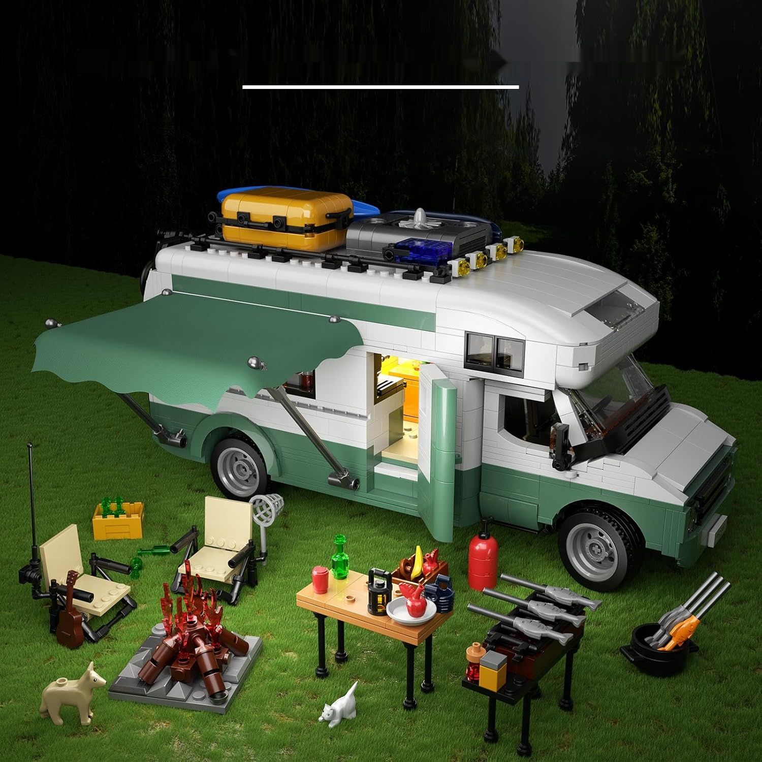 Millionspring Zestaw Klocków Campingowy Camper z Oświetleniem LED (1586 elementów)