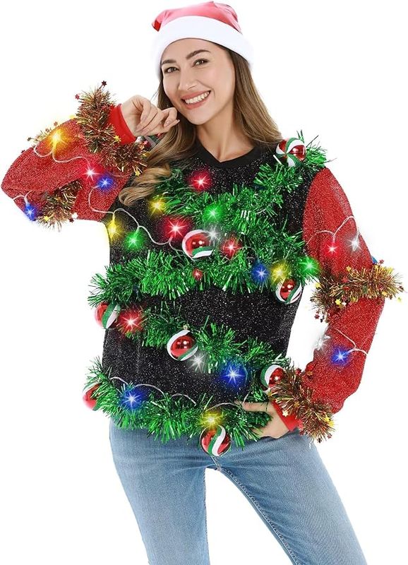 U Look Ugly Today – damski świąteczny sweter z lampkami LED i dekoracjami