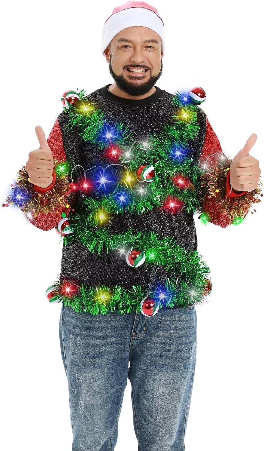 Świąteczny sweter LED – kreatywny, świecący, z ozdobami bożonarodzeniowymi