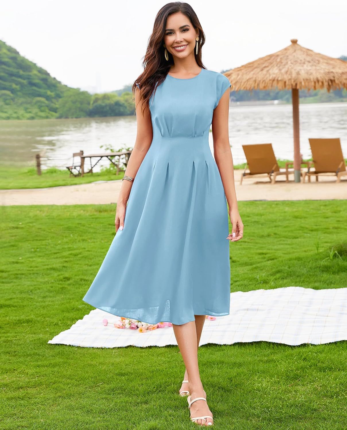 Błękitna elegancka sukienka koktajlowa w stylu vintage, rozmiar L