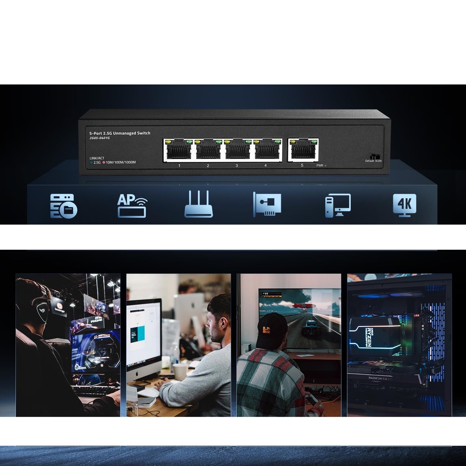 Binardat 5-portowy przełącznik 2,5G RJ45, metalowy, niezarządzany z obsługą VLAN
