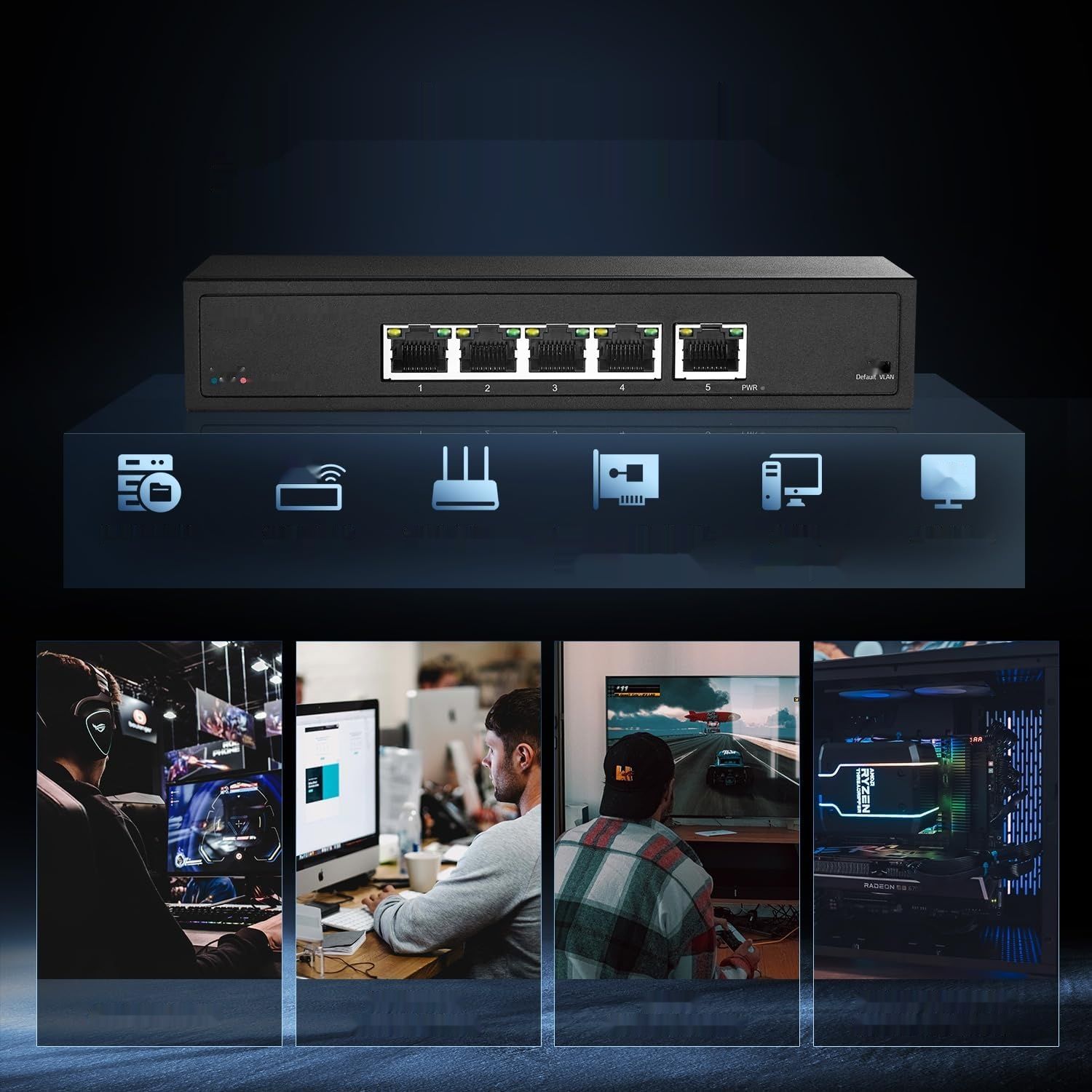 Binardat 5-portowy przełącznik 2,5G RJ45, metalowy, niezarządzany z obsługą VLAN