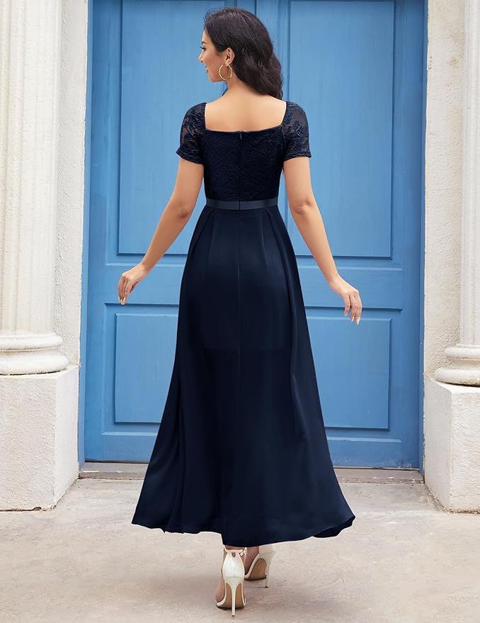 Wedtrend elegancka długa sukienka wieczorowa z koronką i szyfonem – kolor ciemnogranatowy