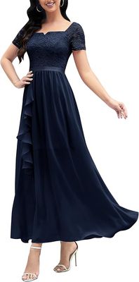 Wedtrend elegancka długa sukienka wieczorowa z koronką i szyfonem – kolor ciemnogranatowy
