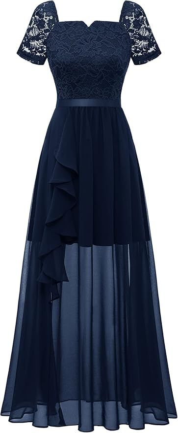 Wedtrend elegancka długa sukienka wieczorowa z koronką i szyfonem – kolor ciemnogranatowy