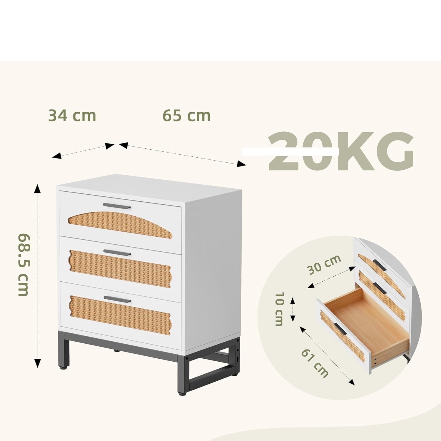 MERICONIA Natural Rattan Komoda z 3 szufladami