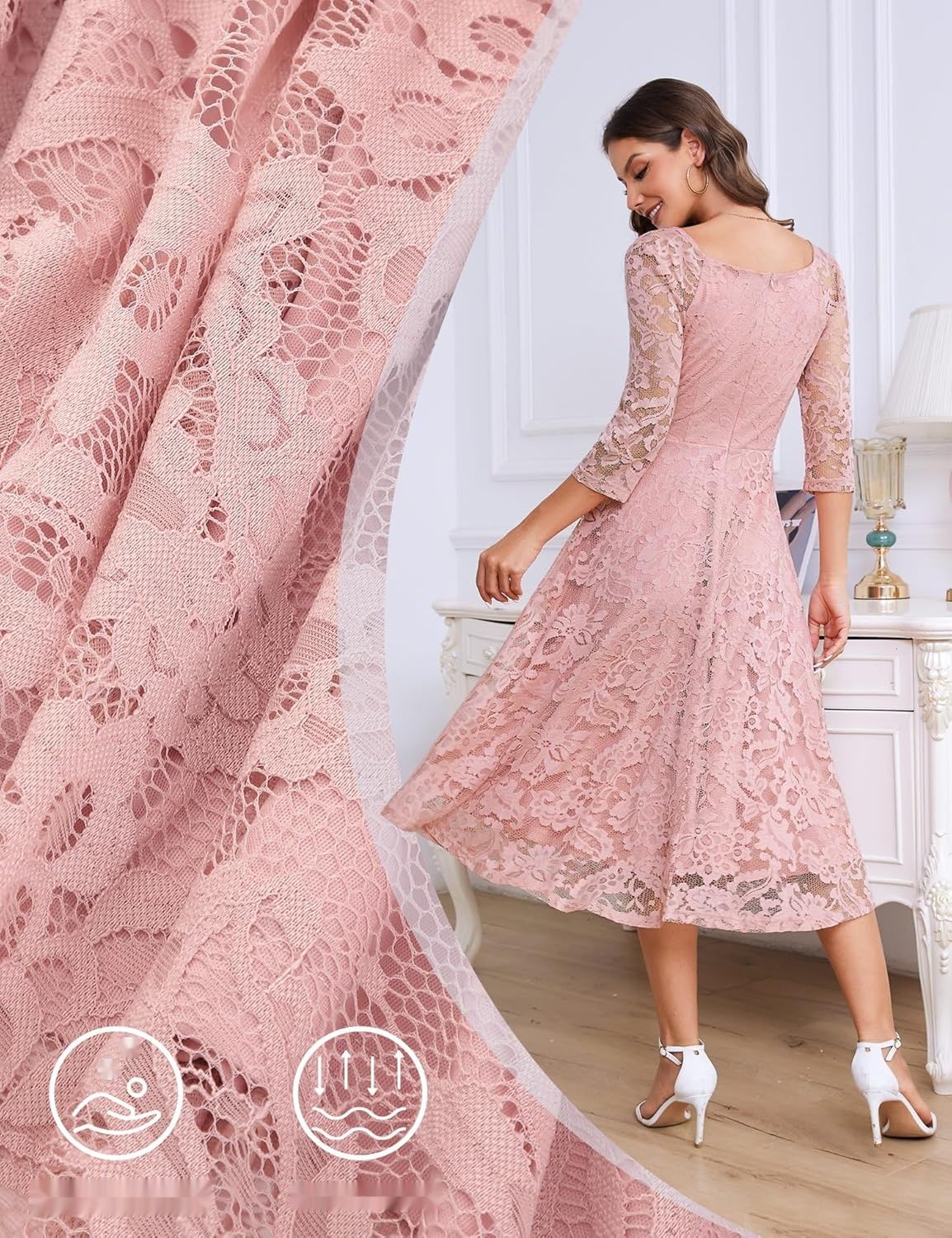 Dressystar elegancka sukienka koronkowa midi z dekoltem V