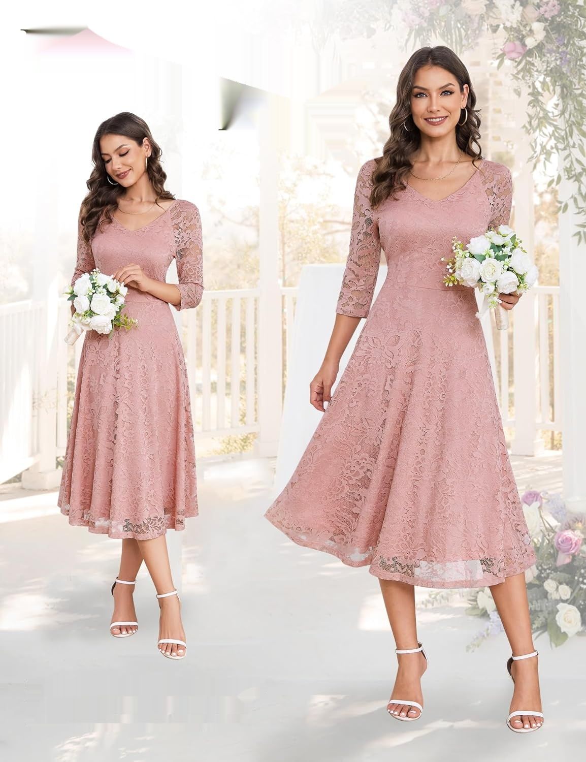 Dressystar elegancka sukienka koronkowa midi z dekoltem V