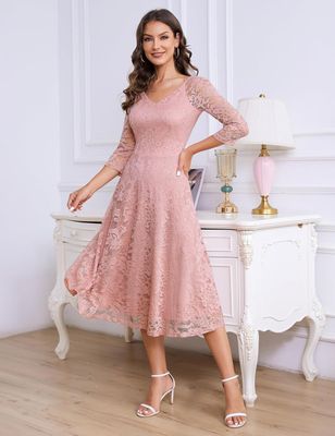 Dressystar elegancka sukienka koronkowa midi z dekoltem V