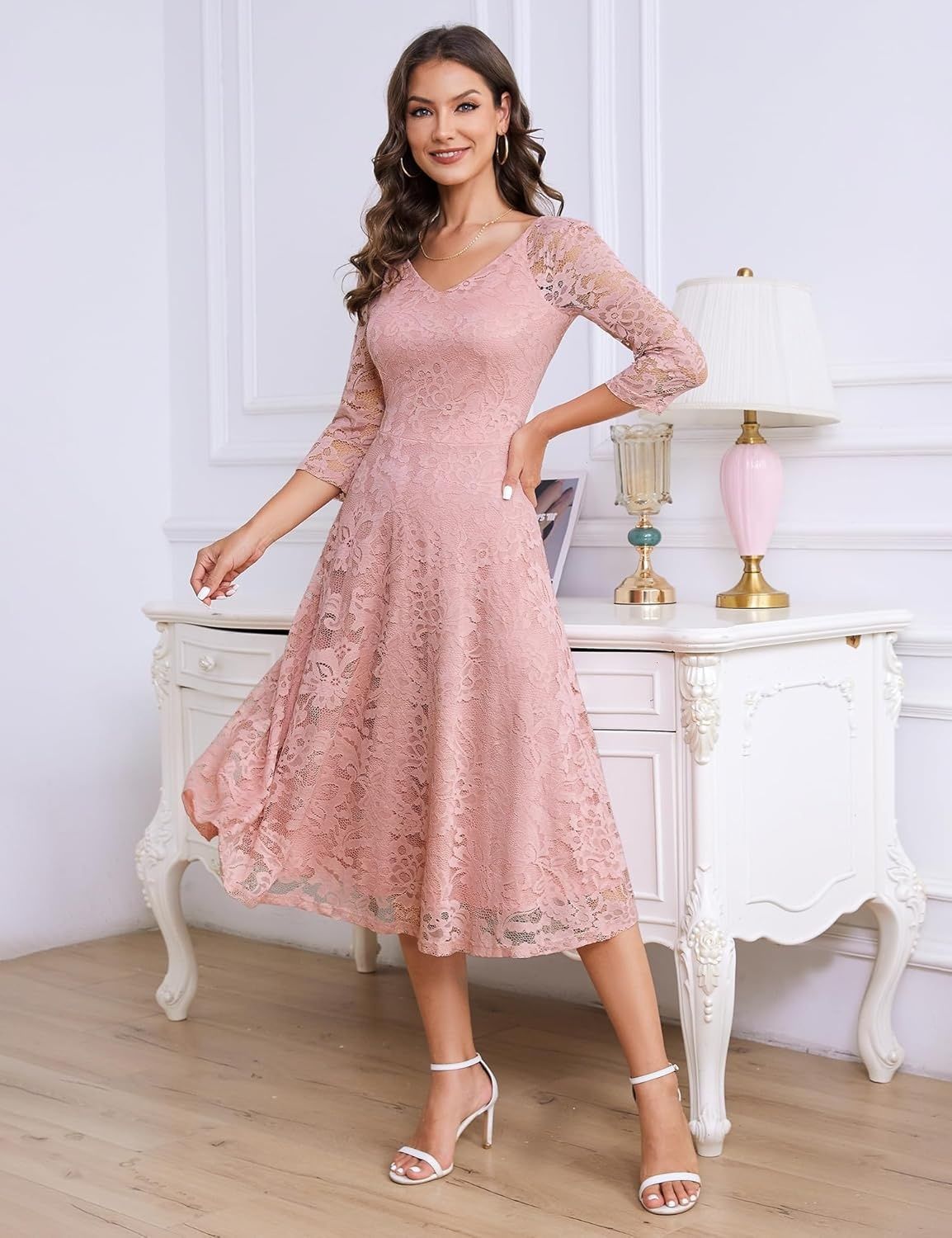 Dressystar elegancka sukienka koronkowa midi z dekoltem V
