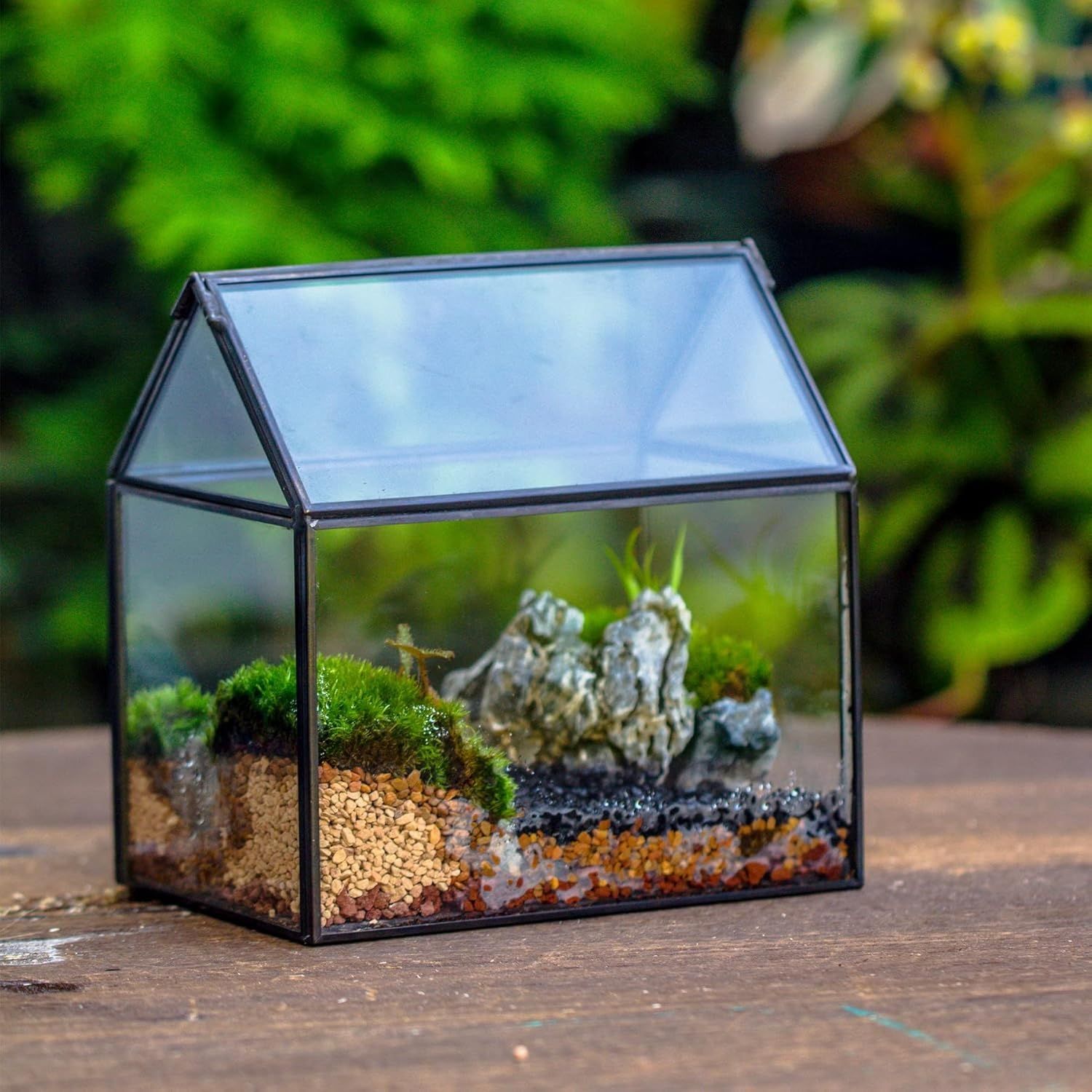 NCYP Małe czarne szklane terrarium z pokrywką, kształt domu – 15,5 x 11 x 16 cm