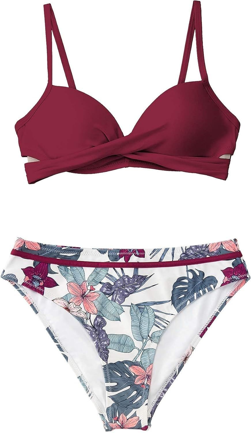 CUPSHE Damski zestaw bikini, zawijany średni stan, bezczelny kwiatowy strój kąpielow