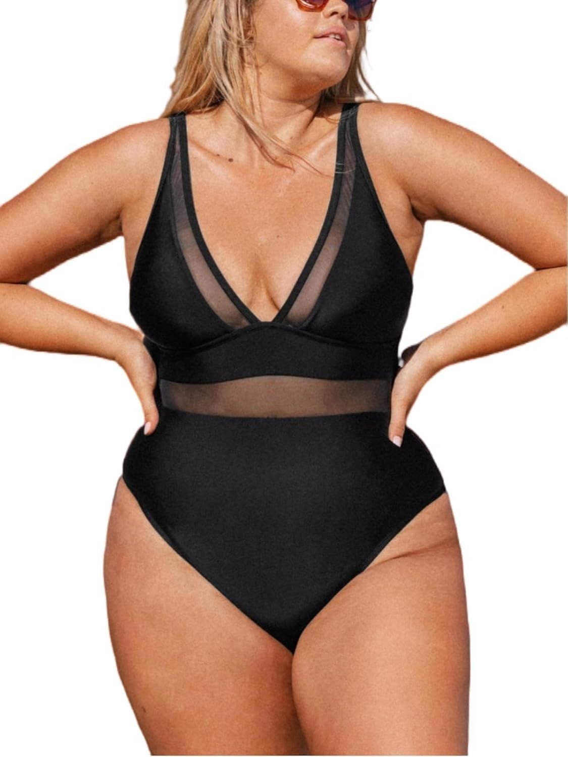 CUPSHE jednoczęściowy strój kąpielowy plus size z głębokim dekoltem V, czarny