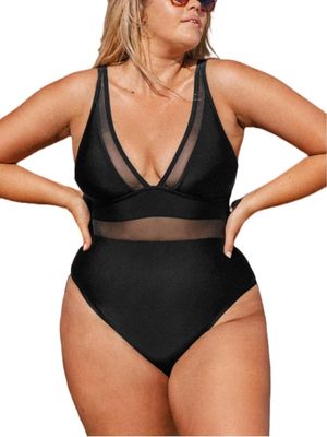 CUPSHE jednoczęściowy strój kąpielowy plus size z głębokim dekoltem V, czarny