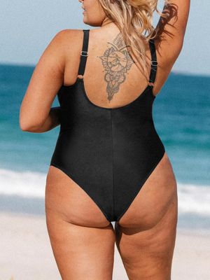 CUPSHE jednoczęściowy strój kąpielowy plus size z głębokim dekoltem V, czarny