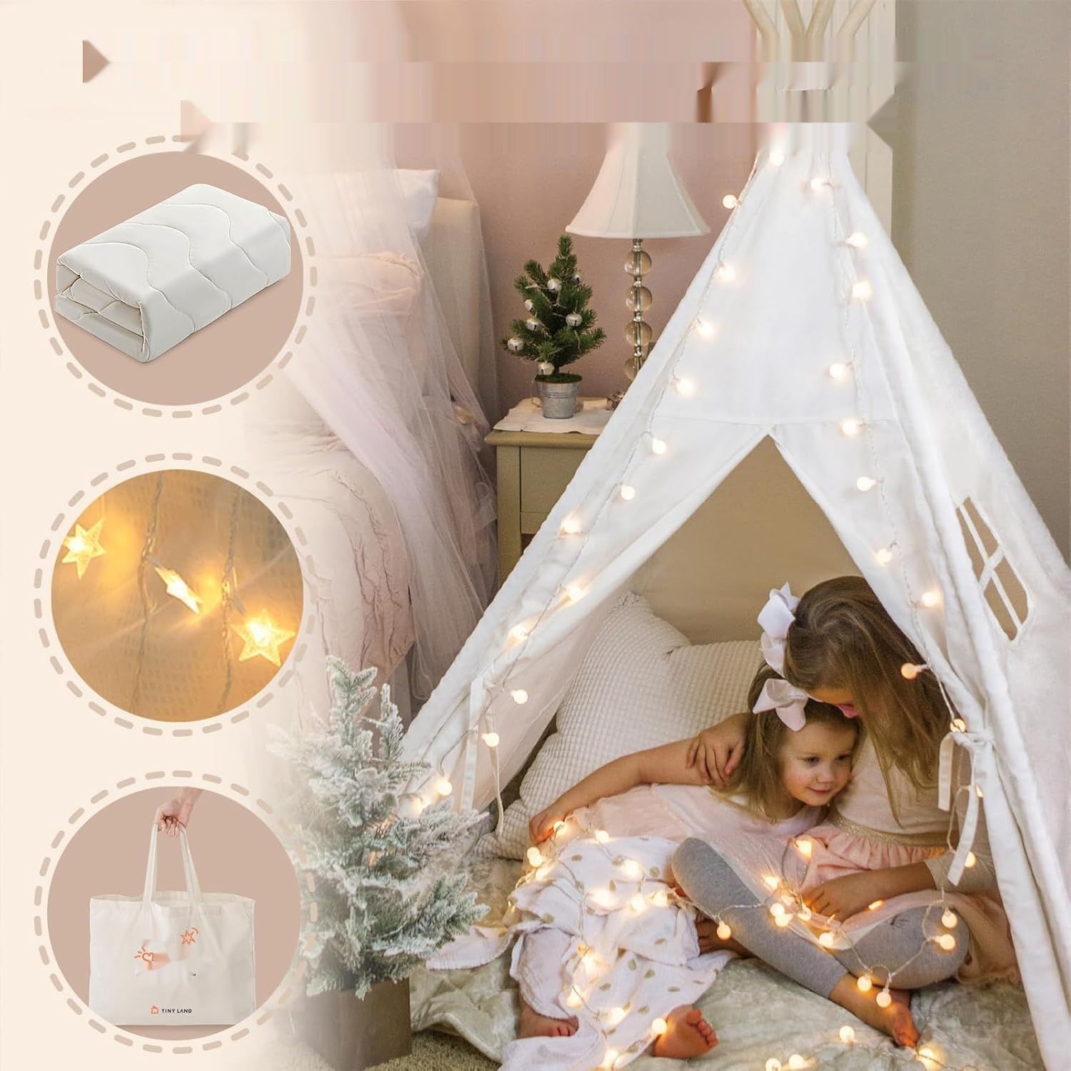 Namiot tipi Tiny Land dla dzieci do domu z matą i girlandą świetlną