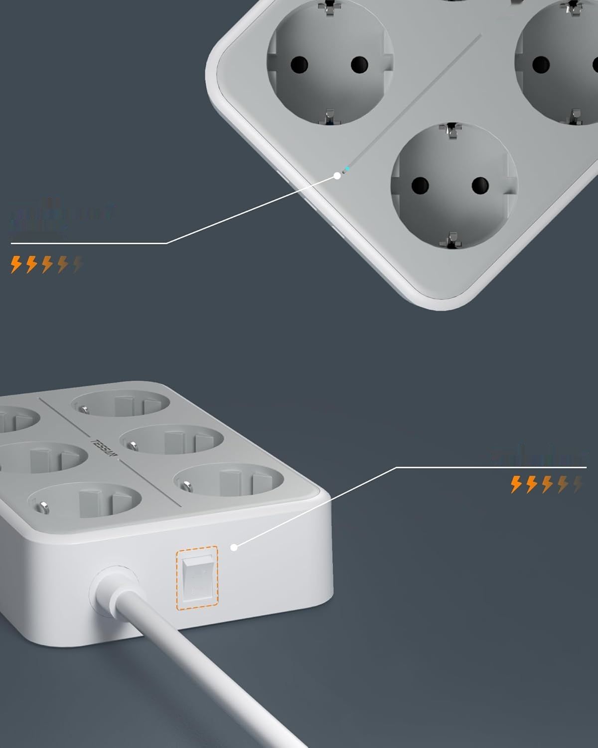 TESSAN listwa zasilająca USB 9 w 1 z 6 gniazdami i 3 portami USB, list