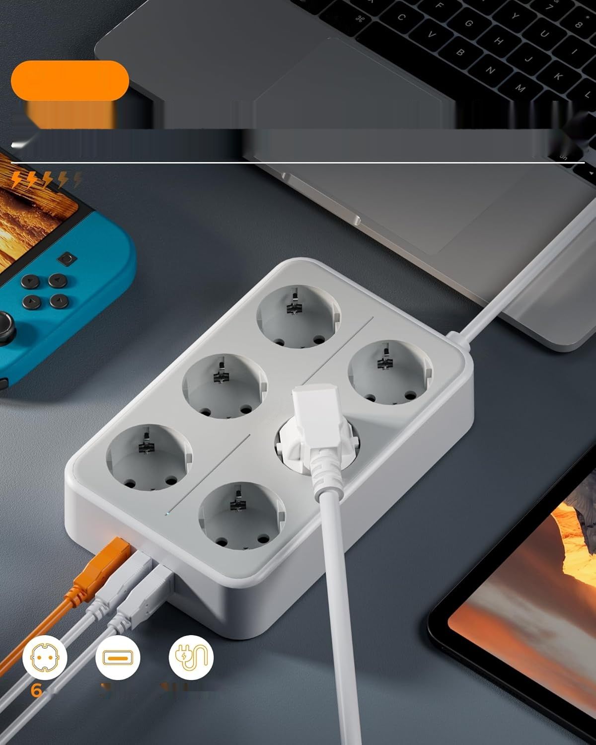 TESSAN listwa zasilająca USB 9 w 1 z 6 gniazdami i 3 portami USB, list