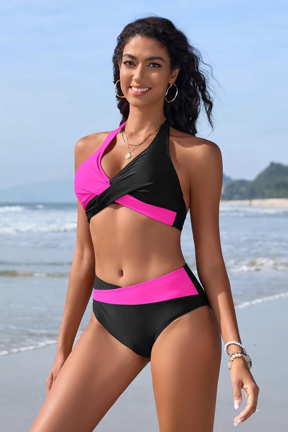 SHEKINI damski bikini halter z dekoltem V, push up