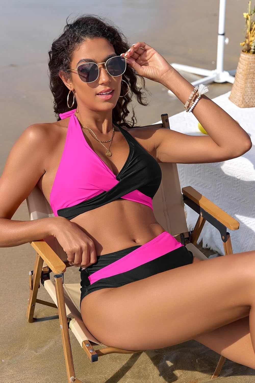 SHEKINI damski bikini halter z dekoltem V, push up
