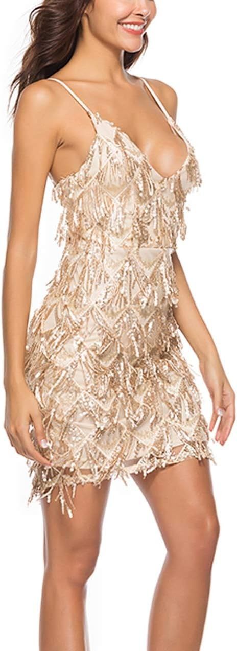 FEOYA Vestido Charleston z dekoltem w serek, cekiny Gatsby, ramiączka regulowane