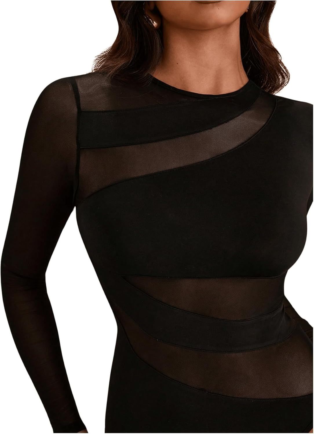 Eleganckie body damskie GORGLITTER z przezroczystą górą z siateczki, d
